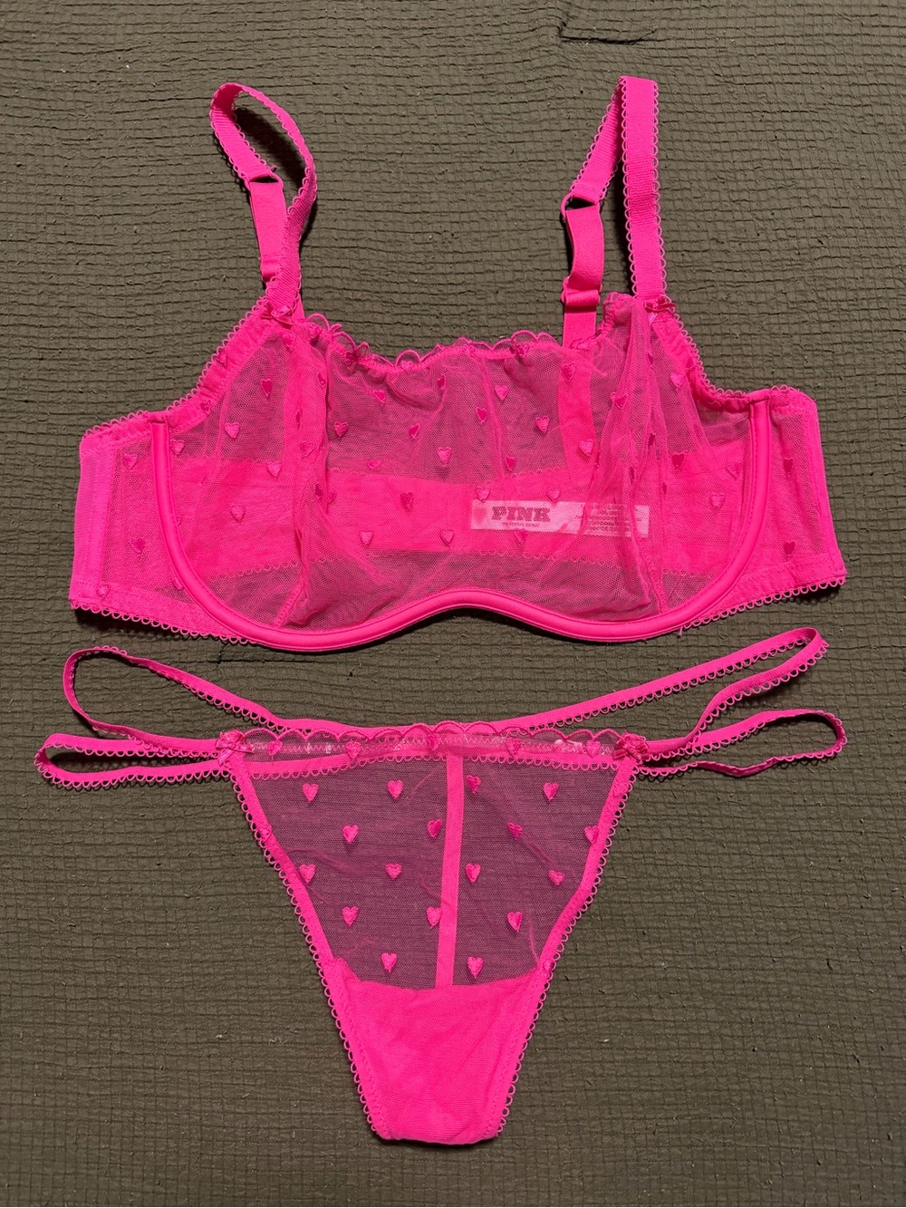 PINK Victoria's Secret Hot Pink Sheer Heart Mesh Bra & Thong Set